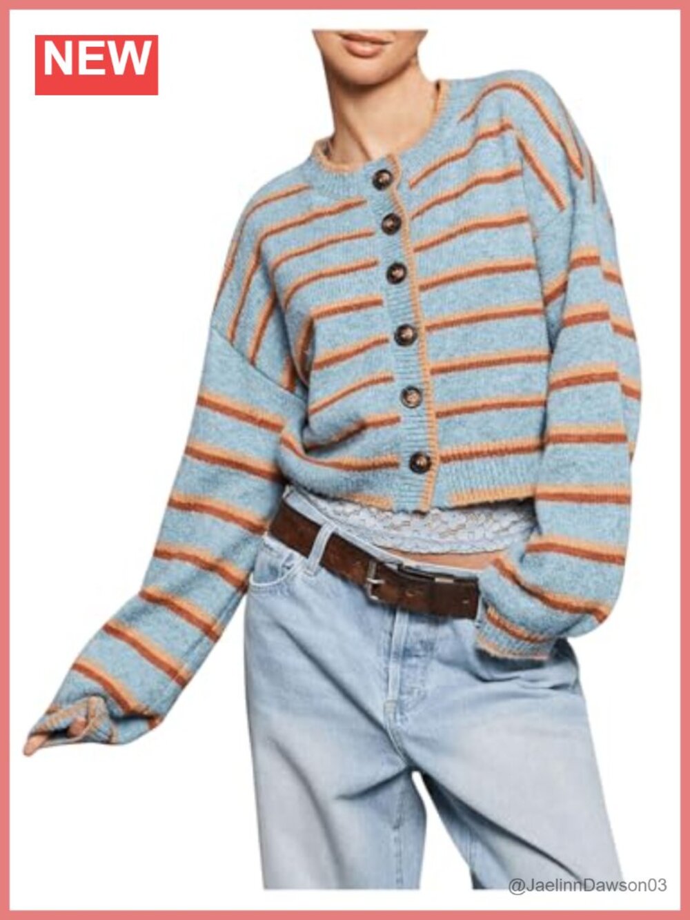 Striped Button Front Cropped Cardigan Sweater Knit Long Sleeve Drop Shoulder